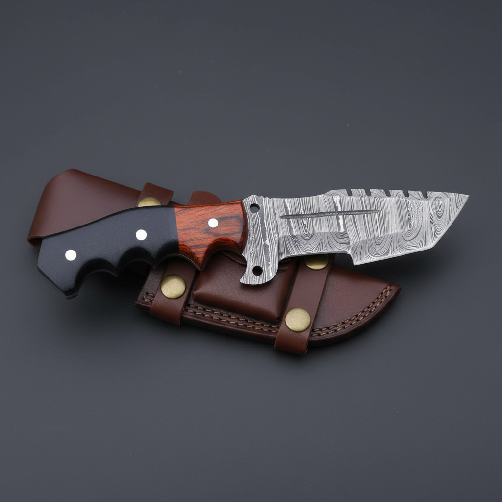 Damascus steel tracker hunting knife with rosewood and Micarta handle on dark charcoal background