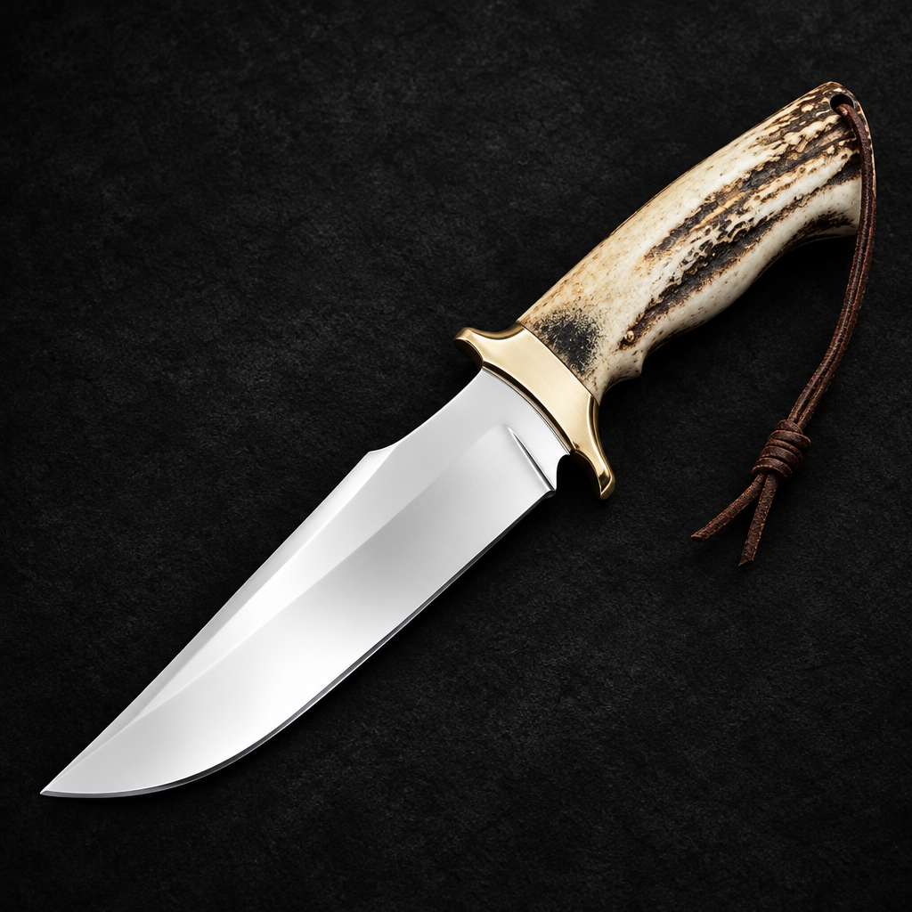 Stainless steel hunting Bowie knife mirror polish clip point blade stag antler handle brass bolster studio shot deep black charcoal background