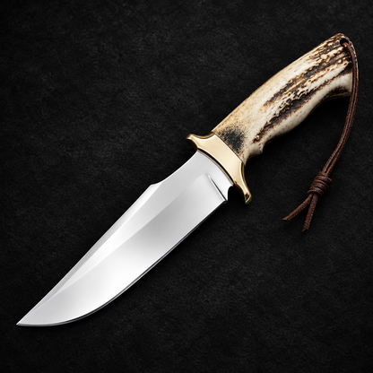 Stainless steel hunting Bowie knife mirror polish clip point blade stag antler handle brass bolster studio shot deep black charcoal background