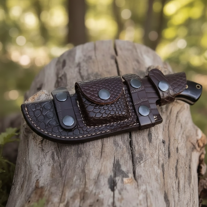 Dark-brown textured leather sheath with snaps and stitching
