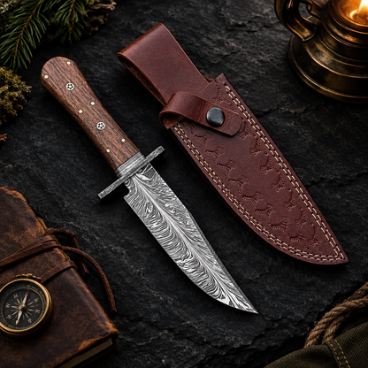 Editorial view of patterned hunting blade and brown sheath