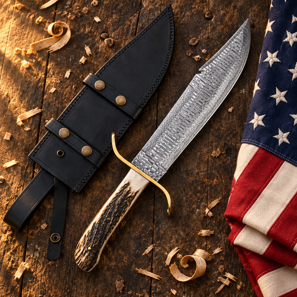 Custom handmade Damascus Bowie knife ladder pattern blade brass crossguard stag antler handle hero flat lay rustic dark wood American USA flag