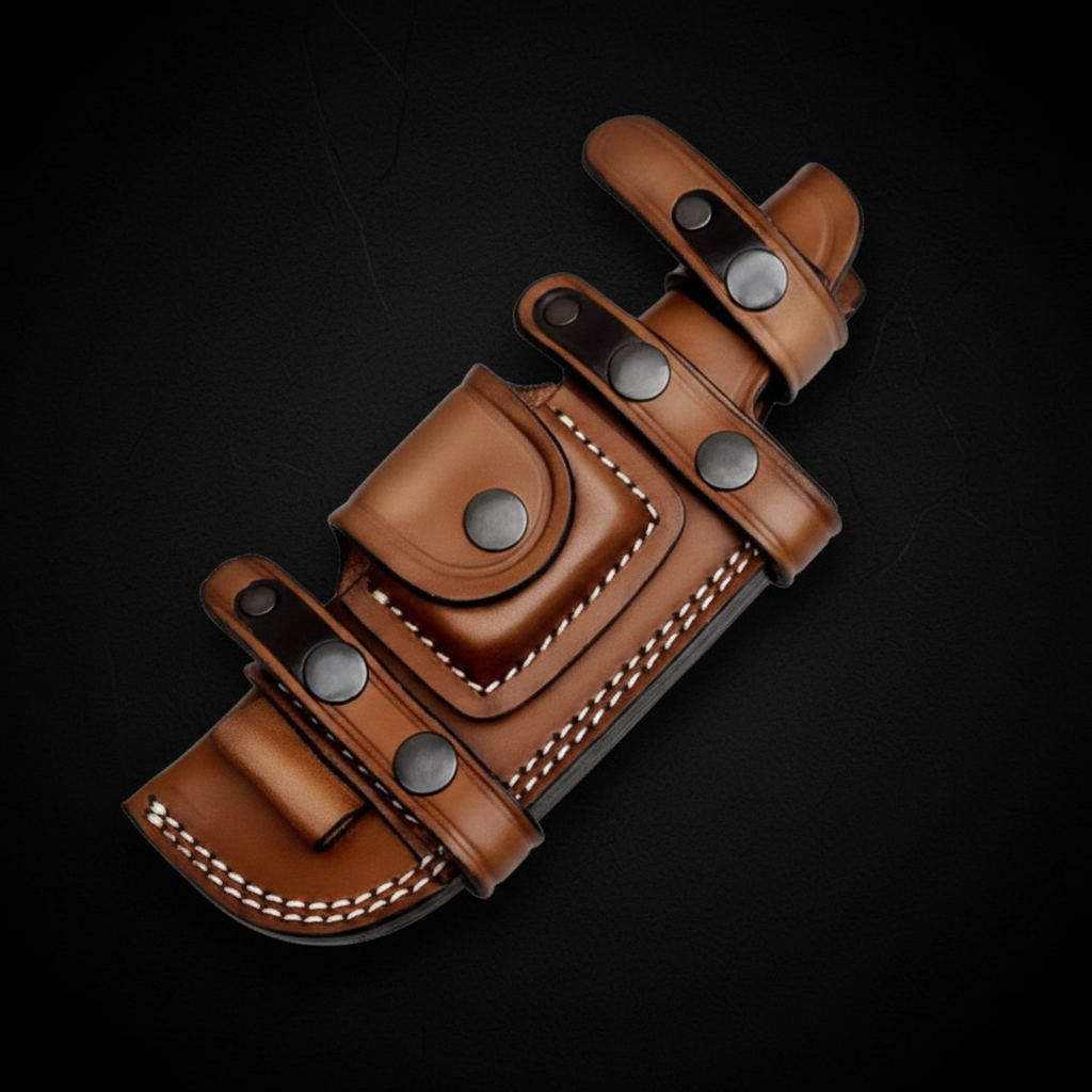 Premium leather horizontal scout carry knife sheath centered on deep black charcoal background studio shot
