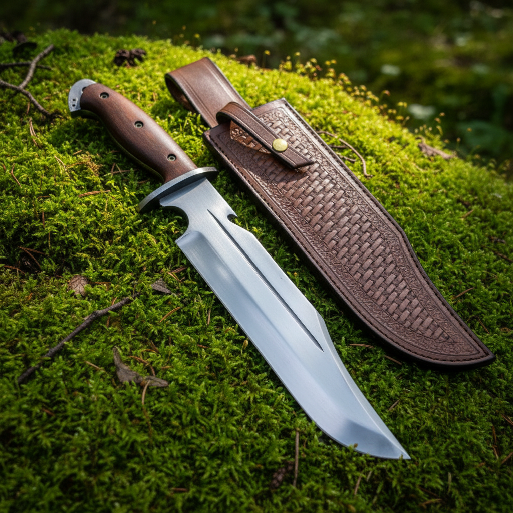 Hand forged high carbon Bowie hunting knife and brown basketweave leather sheath on green forest moss