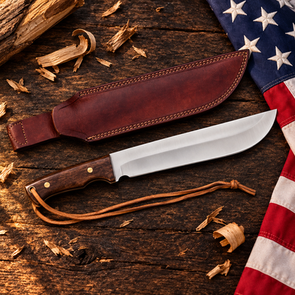 Handmade D2 steel machete Bowie knife walnut handle hero flat lay on rustic dark wood with American USA flag