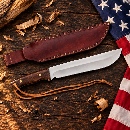 Handmade D2 steel machete Bowie knife walnut handle hero flat lay on rustic dark wood with American USA flag