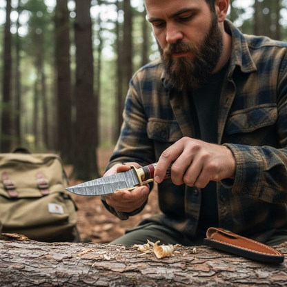 Bearded man safely using the Damascus hunting knife during a wood shaving task at a forest campsite