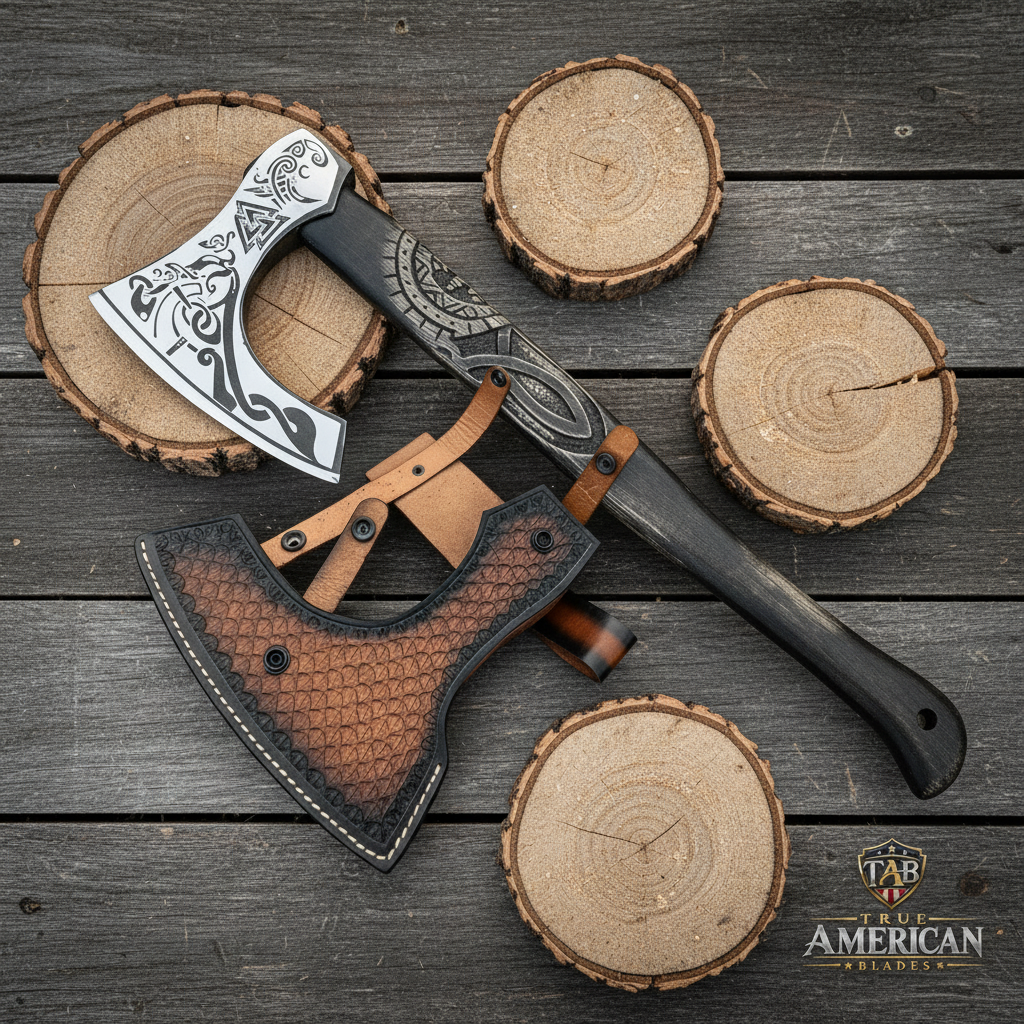 Engraved Viking-inspired axe and matching brown sheath arranged on rustic wood
