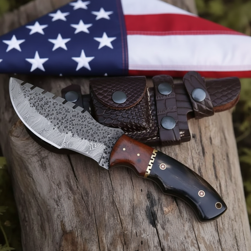 Damascus tracker knife and leather sheath with a soft USA flag backdrop