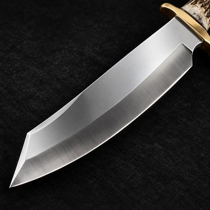 Extreme close-up of custom handmade carbon steel Bowie knife blade mirror polished clip point on deep black charcoal background