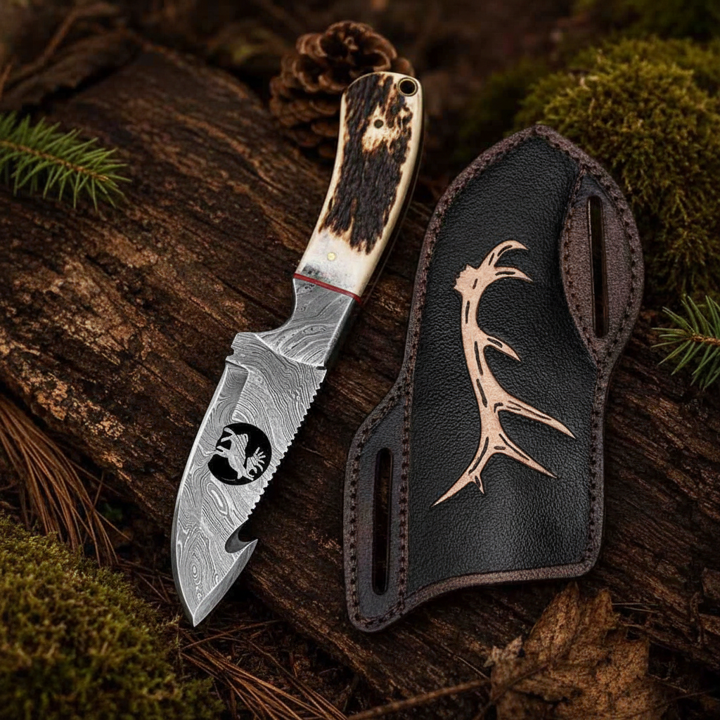 Damascus steel hunting knife with stag horn handle resting on mossy log in forest camping scene