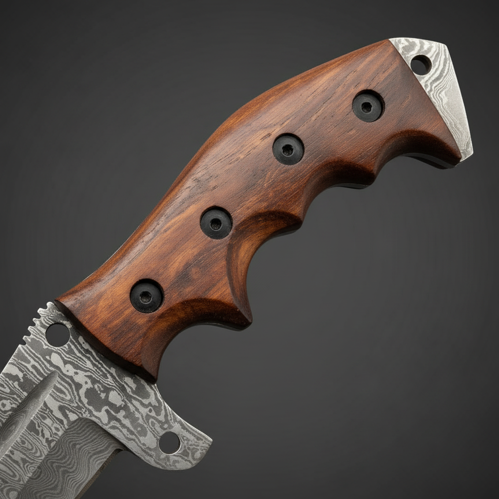 Close view of the walnut wood handle with finger grooves black fasteners and exposed tang