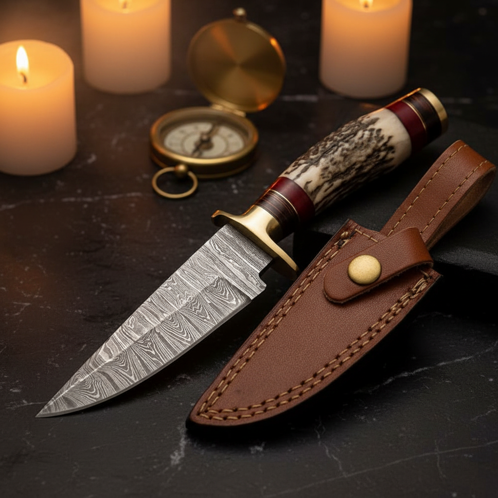 Damascus hunting knife and genuine brown leather sheath in a dark candlelit editorial setting
