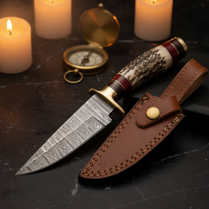 Damascus hunting knife and genuine brown leather sheath in a dark candlelit editorial setting