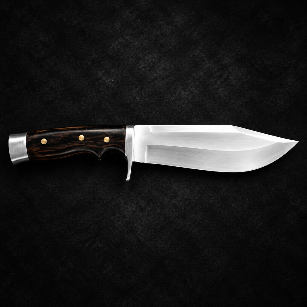 Carbon steel survival Bowie knife wide satin clip point blade dark wood handle steel bolster studio shot deep black charcoal background