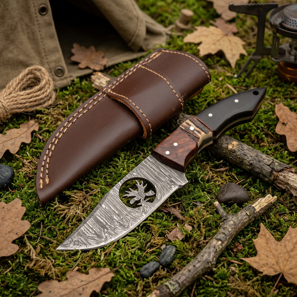 Damascus deer silhouette knife resting with sheath in mossy forest setting