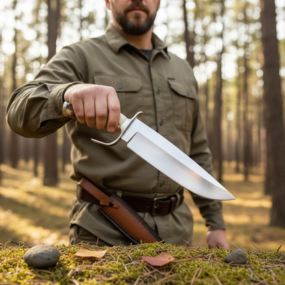 Bearded adult camper holding a D2 Bowie knife with antler handle and brown leather sheath in a pine forest