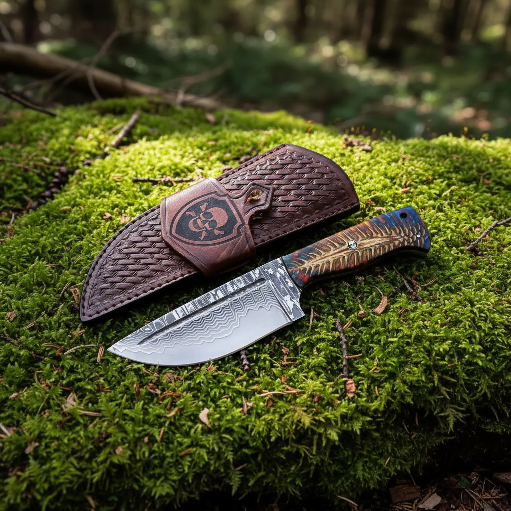 Handmade Damascus tracker hunting knife and brown skull embossed leather sheath on green forest moss