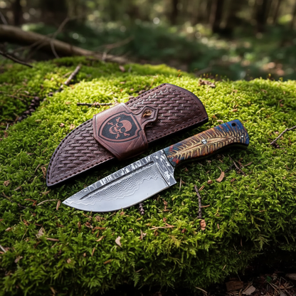 Handmade Damascus tracker hunting knife and brown skull embossed leather sheath on green forest moss
