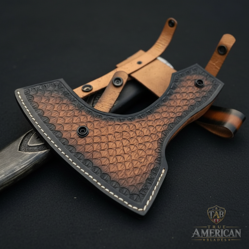 Close detail of the textured brown sheath, straps, stitching, and snaps for a Viking-inspired axe