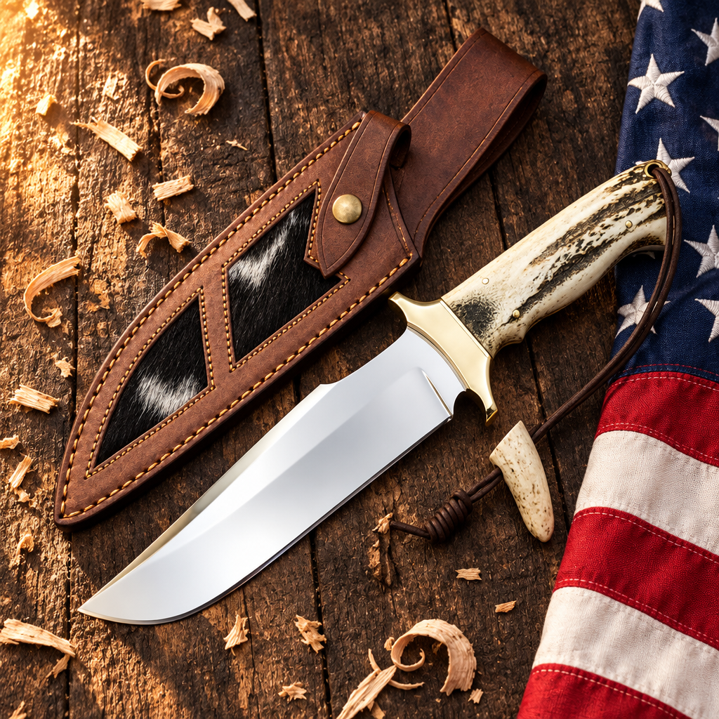 Handmade stainless steel Bowie knife stag antler handle hero flat lay on rustic dark wood with American USA flag