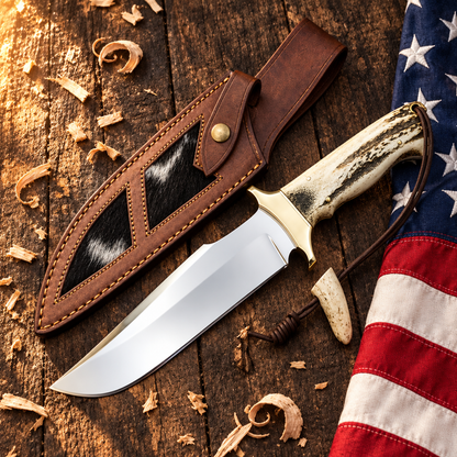 Handmade stainless steel Bowie knife stag antler handle hero flat lay on rustic dark wood with American USA flag