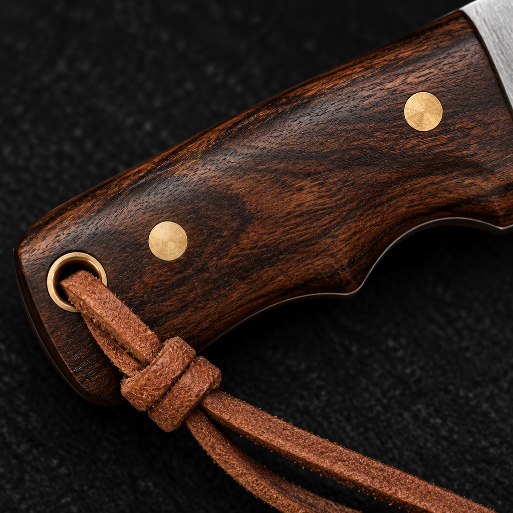Extreme close-up of dark walnut wood handle with brass pins and leather lanyard on deep black charcoal background