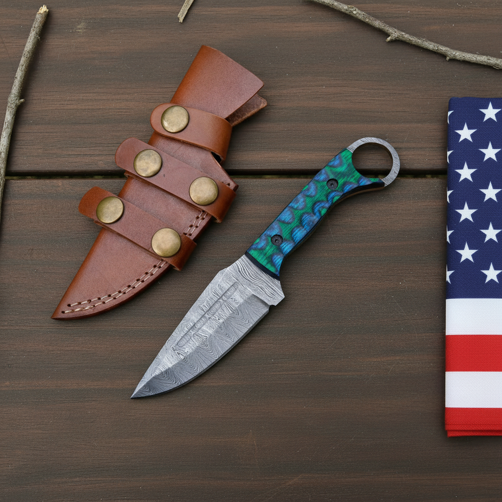 Damascus ring knife and leather sheath on dark brown wood beside a USA flag