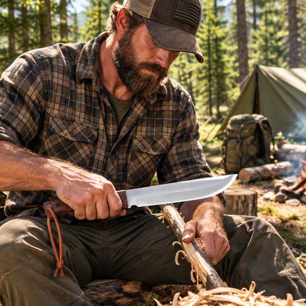 Rugged bearded outdoorsman looking down holding D2 steel machete Bowie knife walnut handle at sunny forest campsite