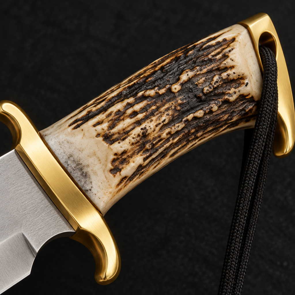 Extreme close-up of natural stag horn Bowie knife handle with gold brass crossguard on deep black charcoal background