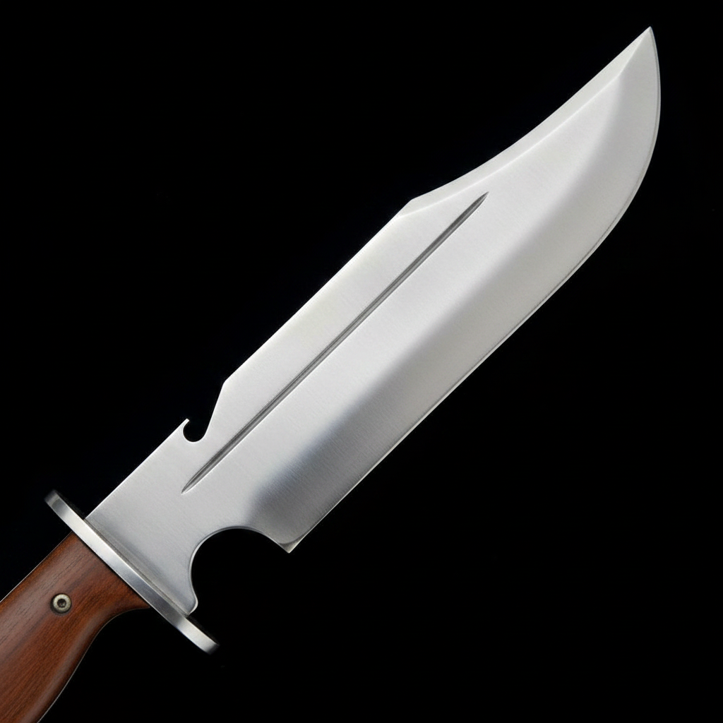 Close view of the high carbon Bowie blade with satin polish, fuller, blood groove, and choil cutout