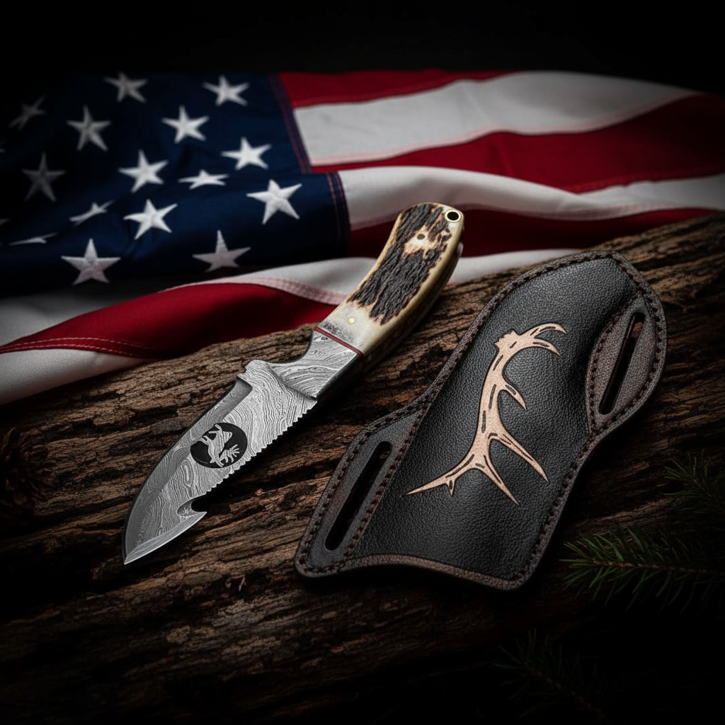 Damascus steel hunting knife with stag horn handle displayed with American USA flag, patriotic collector piece