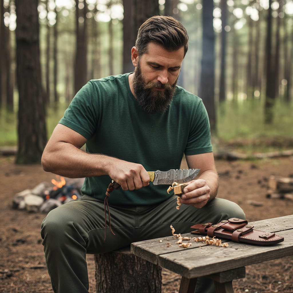 Bearded man using a Damascus tracker hunting knife during a calm woodworking task at a forest campsite