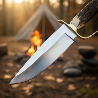 Close-up of the D2 steel Bowie knife blade with brass guard and antler handle at a campsite