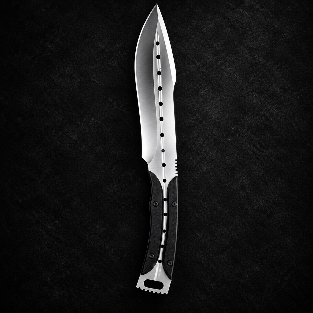 American bushcraft stainless steel dagger drop point knife multi-hole fuller G10 handle studio shot deep black charcoal background