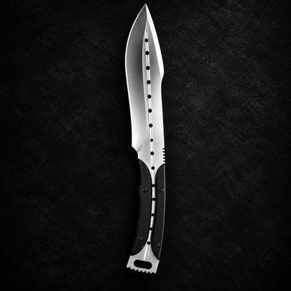 American bushcraft stainless steel dagger drop point knife multi-hole fuller G10 handle studio shot deep black charcoal background