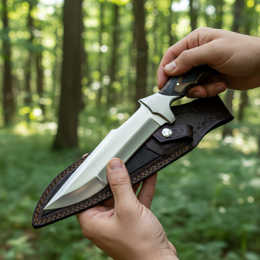 Person holding handmade D2 steel fixed blade knife with blue pakkawood handle outdoors in natural daylight