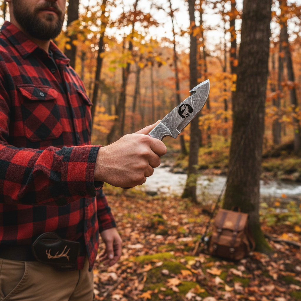 Man in flannel shirt holding handmade Damascus steel hunting knife in autumn forest during hiking trip