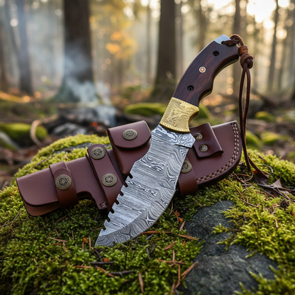 Damascus tracker hunting knife with rosewood handle and leather sheath on mossy green rocks at a forest campsite