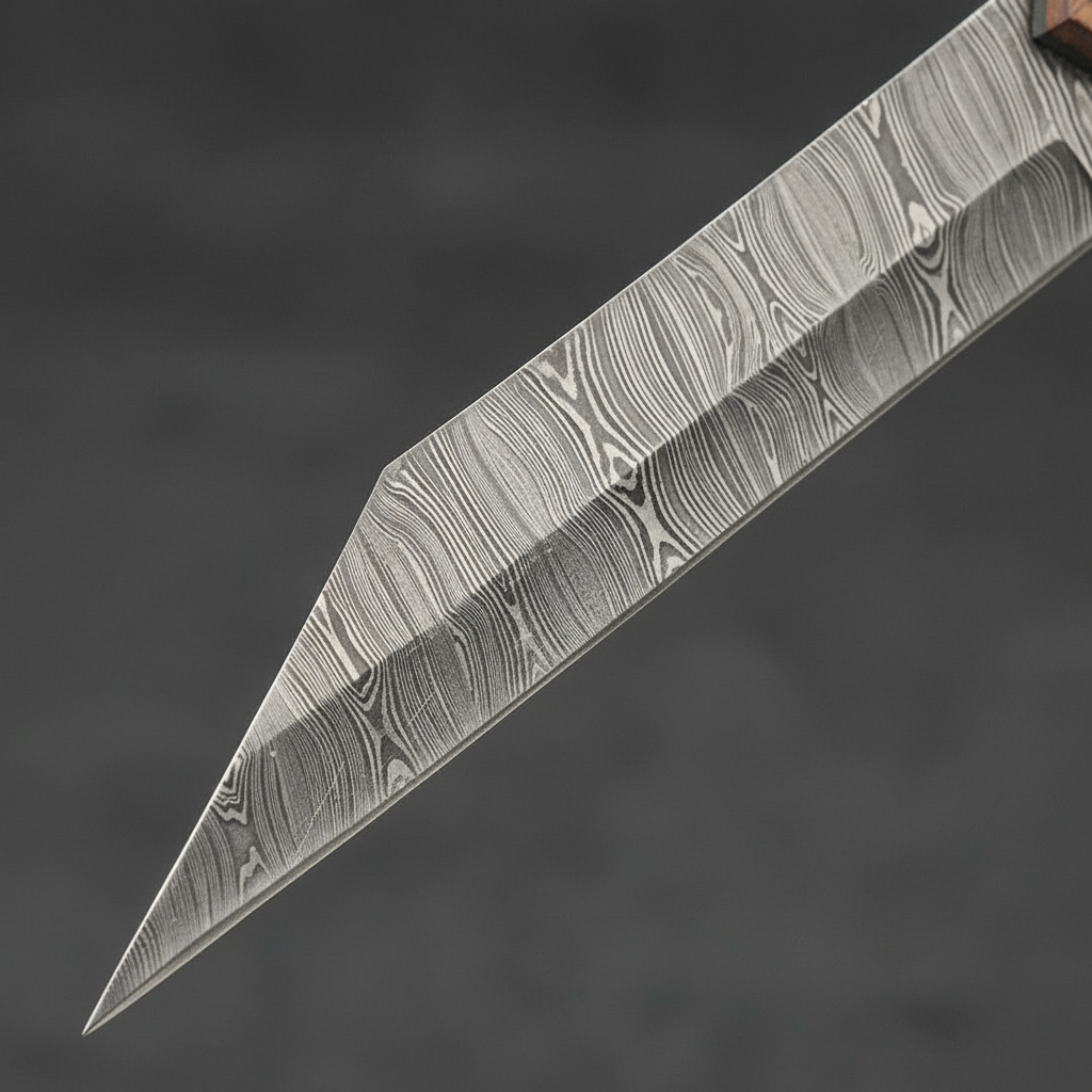 Close-up of the flowing Damascus steel pattern and pointed blade profile on a handmade Seax knife
