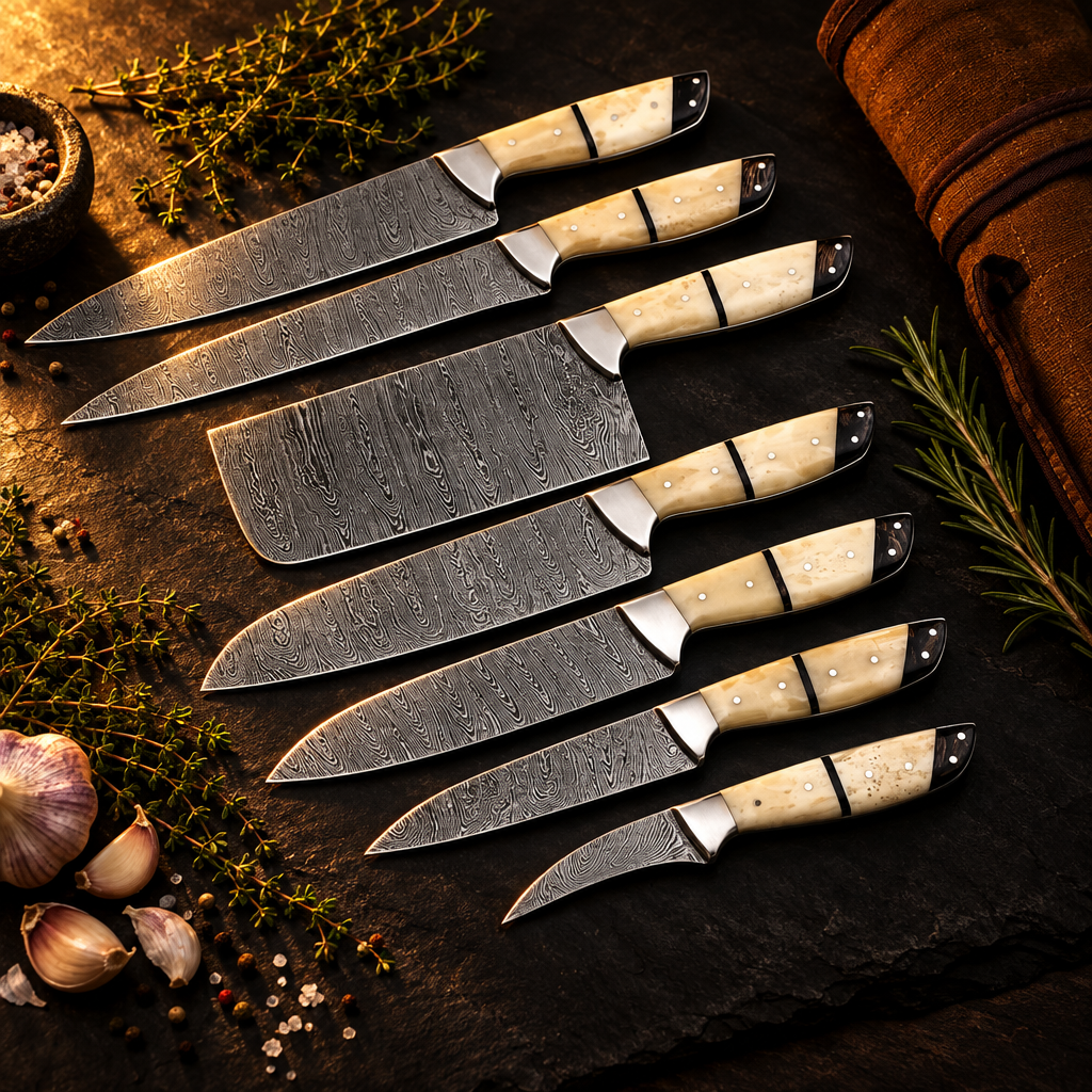 Handmade 7-piece Damascus steel chef knife set cream bone handles luxury cinematic editorial with fresh herbs garlic on dark slate