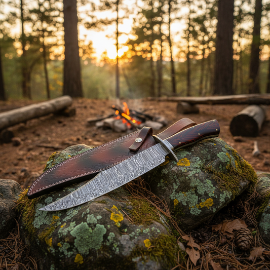 Hand-forged Damascus tracker knife and leather sheath on mossy forest rocks