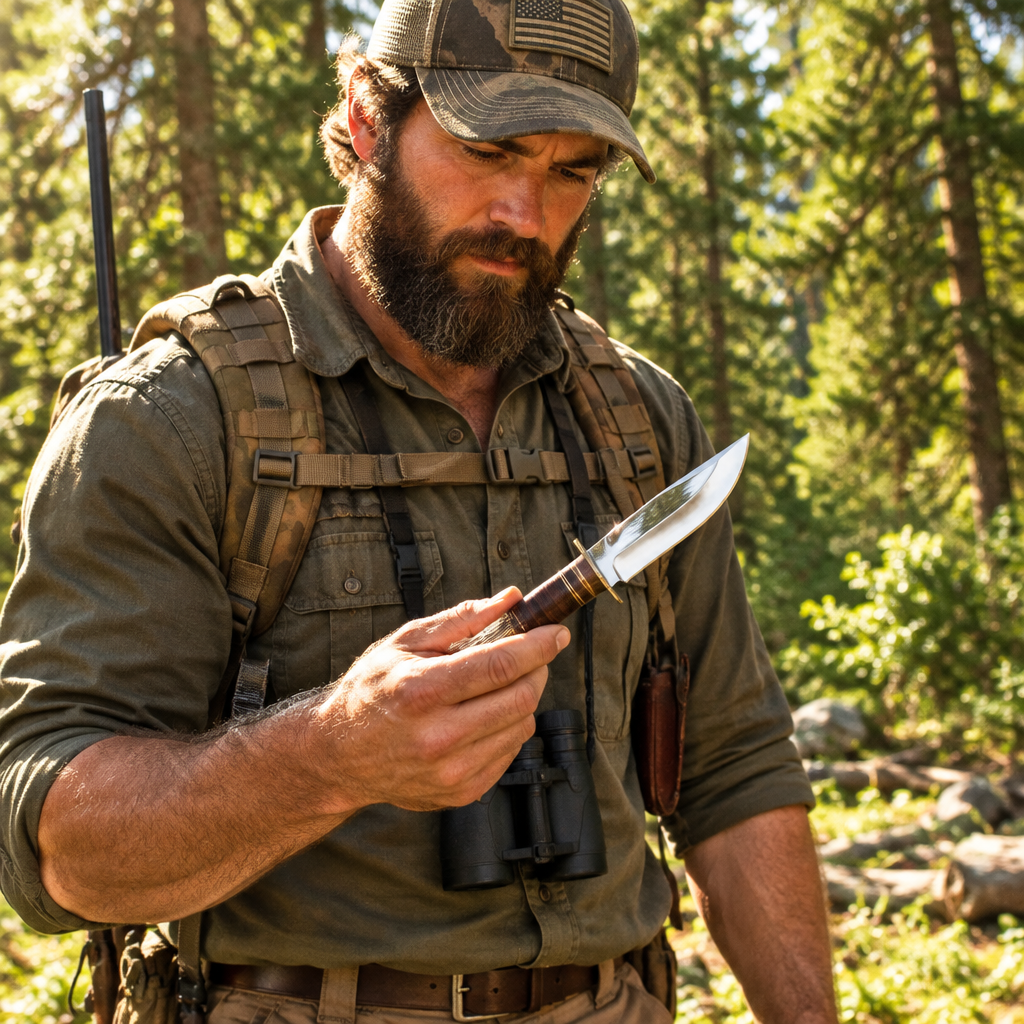 Rugged bearded outdoorsman in bright forest holding compact handmade D2 steel hunting knife stacked leather handle face visible outdoor lifestyle
