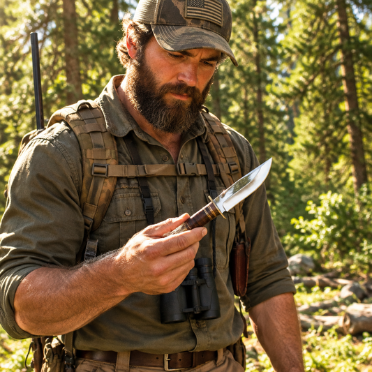 Rugged bearded outdoorsman in bright forest holding compact handmade D2 steel hunting knife stacked leather handle face visible outdoor lifestyle