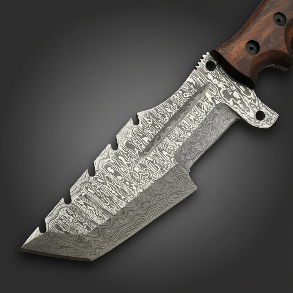 Close view of the patterned Damascus steel blade with angular tanto tracker profile on charcoal