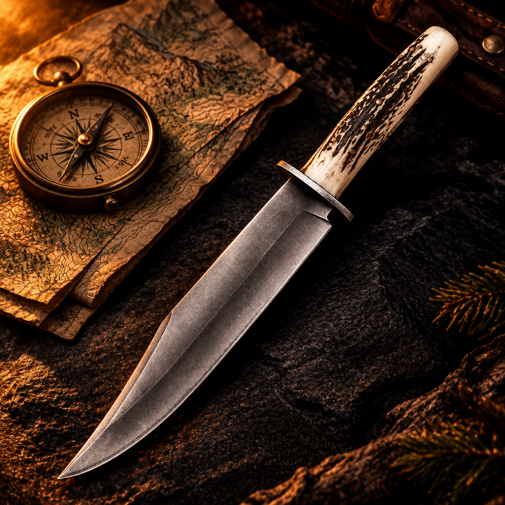 Carbon steel survival knife pale stag antler handle dark luxury cinematic editorial shot with compass and folded map
