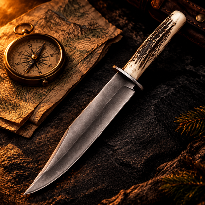 Carbon steel survival knife pale stag antler handle dark luxury cinematic editorial shot with compass and folded map