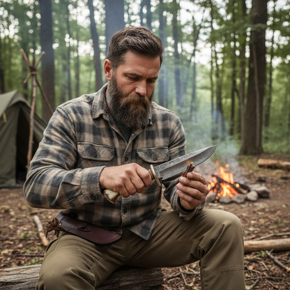 Bearded man safely using the Damascus Bowie hunting knife during a wood shaving task at a forest campsite