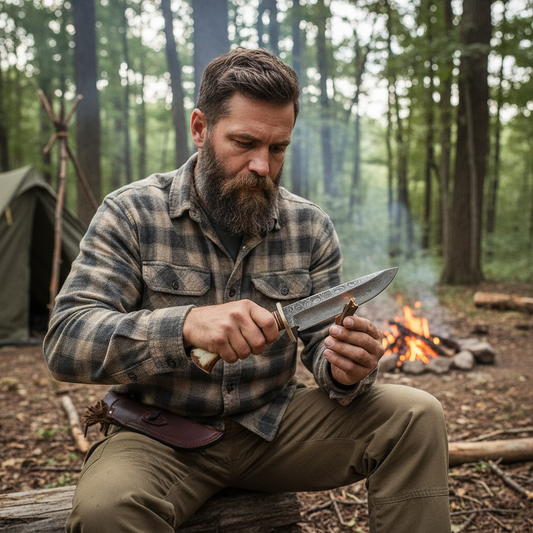 Bearded man safely using the Damascus Bowie hunting knife during a wood shaving task at a forest campsite