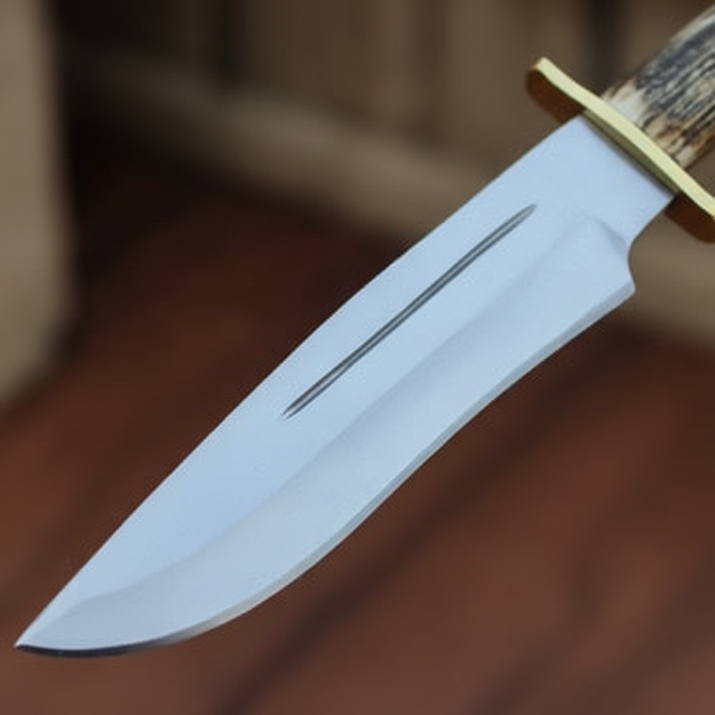 Close-up of the clean D2 steel blade and brass guard on a handmade Bowie knife